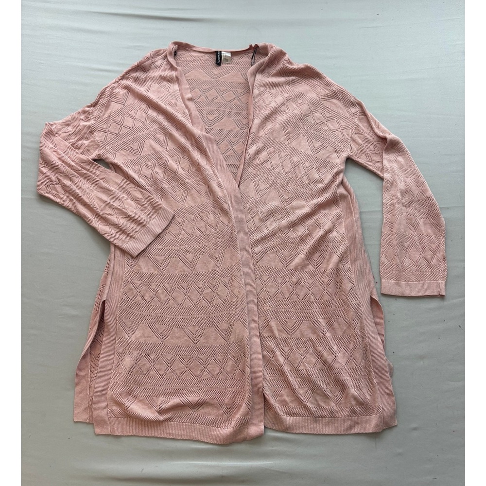 H&M Divided Pink Pointelle Knit Open Front Cardigan Longline Size L
